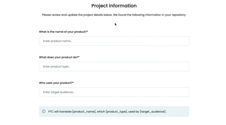 Start project and set context for PTC AI translation workflow