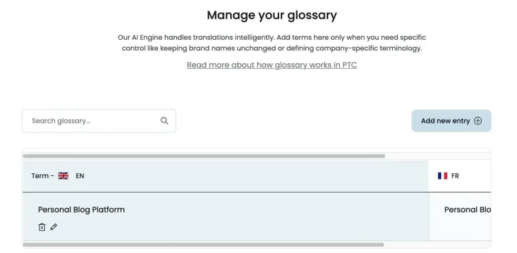Review translated content and manage personalized glossary in PTC dashboard