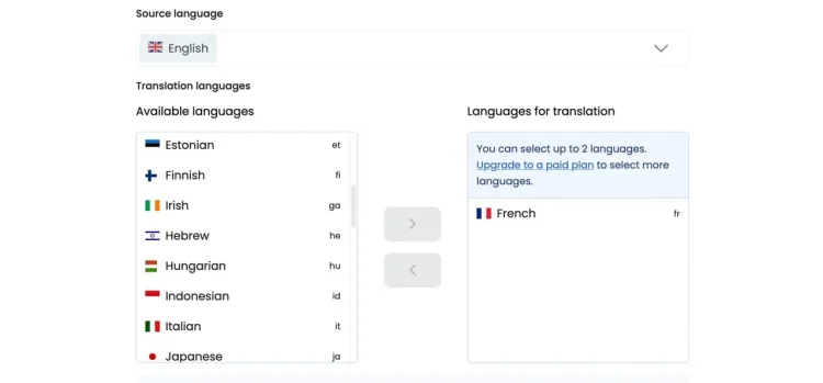 Select target languages for automatic translation using PTC AI