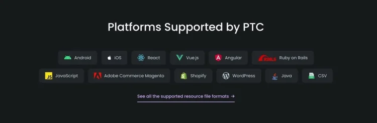 PTC supports multiple file formats including JSON, Gettext, Apple Strings, and more
