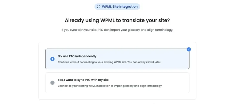 PTC project setup interface with WPML integration option